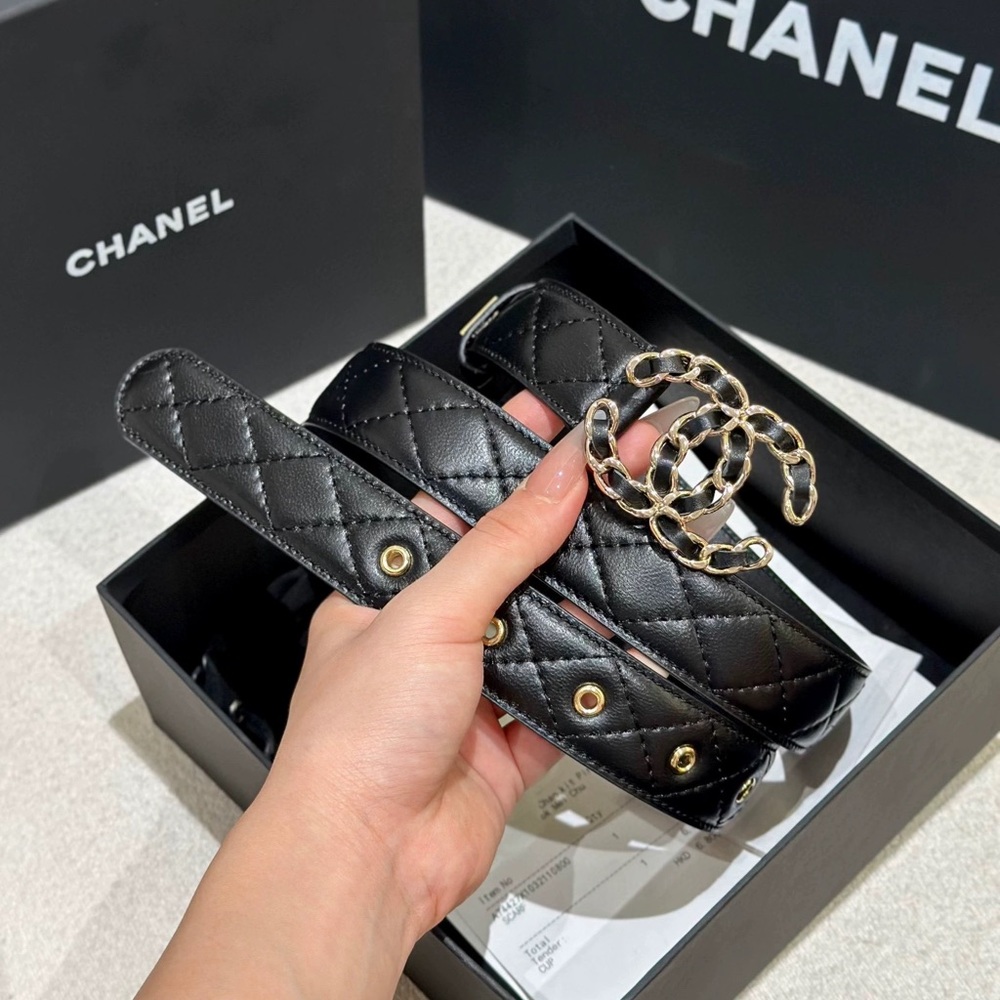 CHANEL Gold Chain Logo Buckle Women's Black Belt